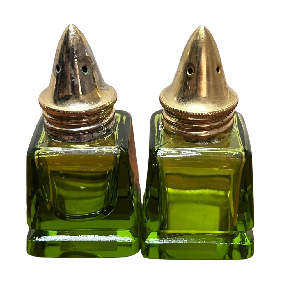 Peedee Green Mini Salt Pepper Shakers Hand Cut 24% Lead Crystal MCM Glass Japan